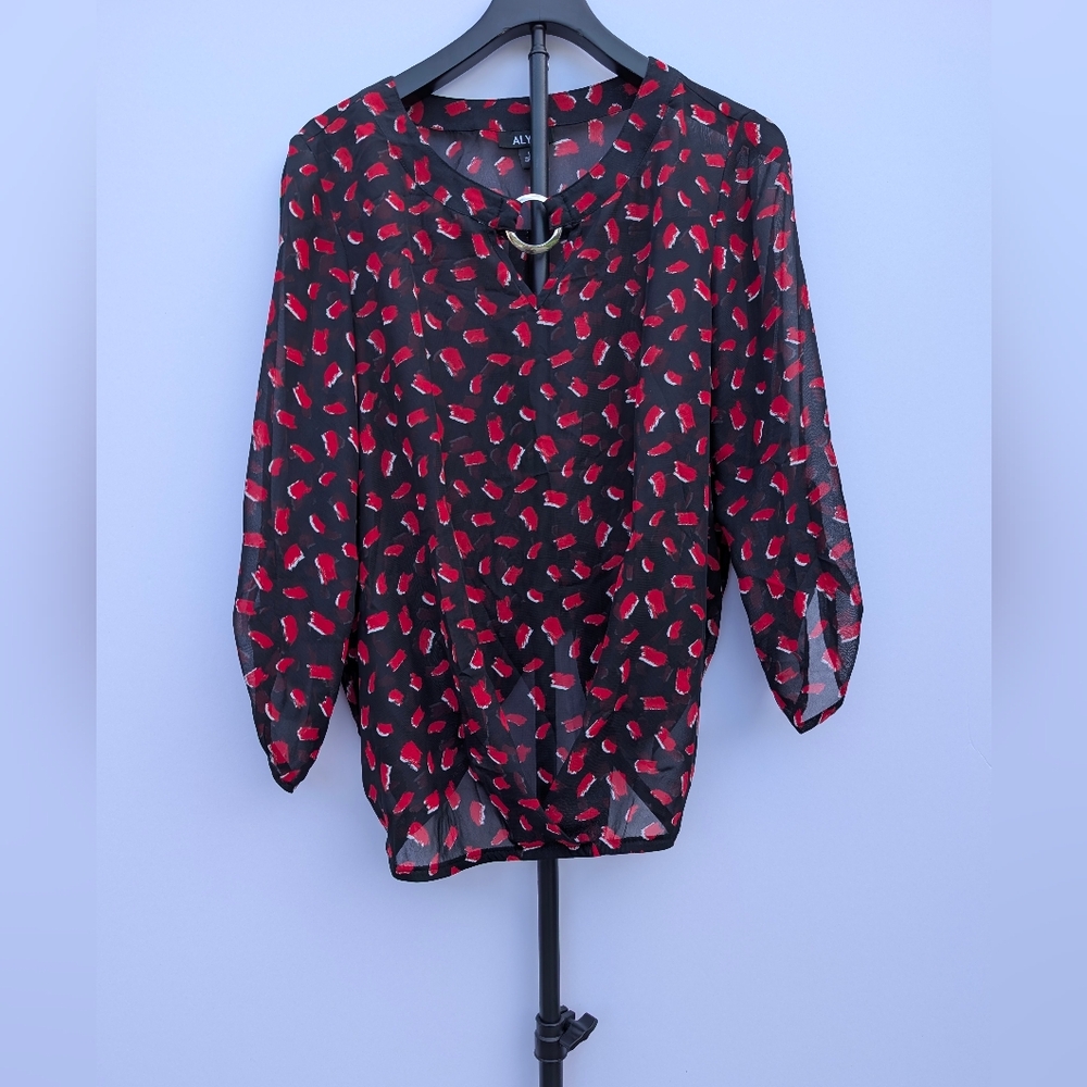 ALYX Black Sheer Blouse Red Lips Print - Size L